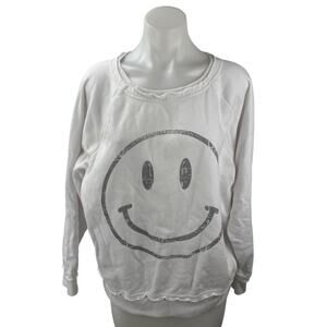 LaBiz Womens White Smiley Distressed Crew Neck Long Sleeve Sweatshirt Top Size M
